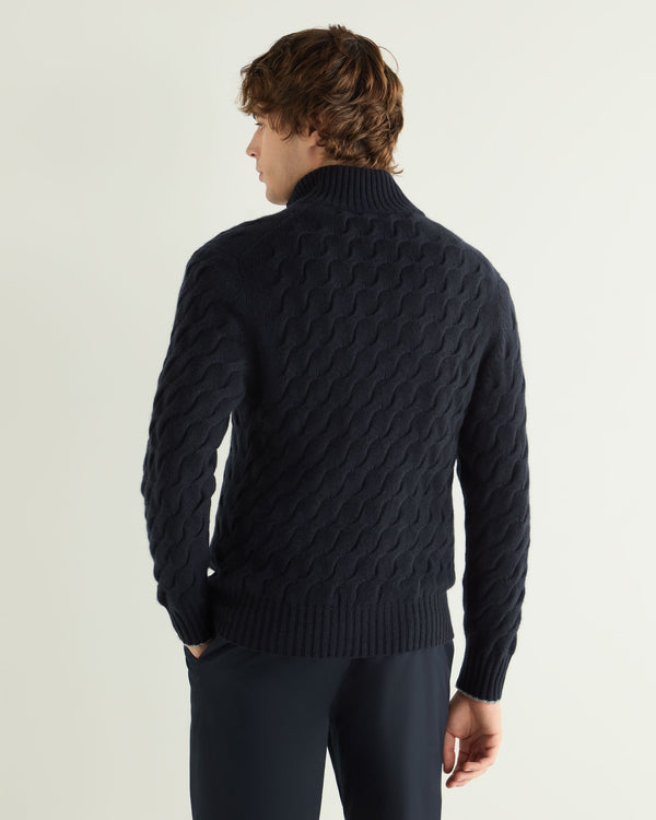 N.Peal Men's Hammersmith Cable Full Zip Cashmere Jumper Navy Blue