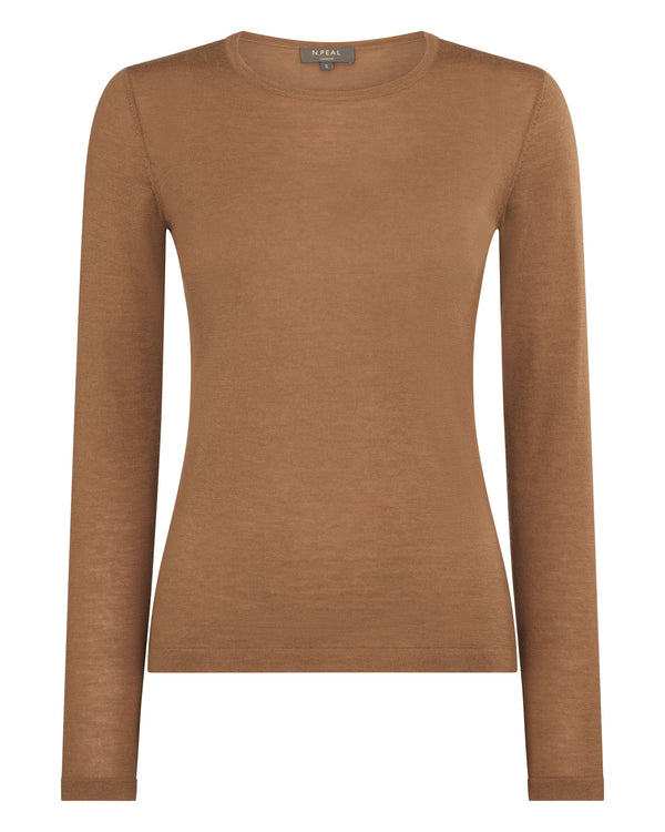 N.Peal Women's Eden Superfine Cashmere Round Neck Top Dark Camel Brown