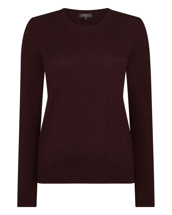 N.Peal Women's Evie Classic Round Neck Cashmere Jumper Claret Red