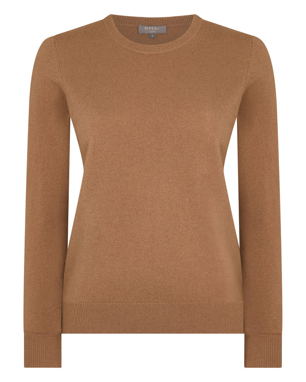 N.Peal Women's Evie Classic Round Neck Cashmere Jumper Dark Camel Brown