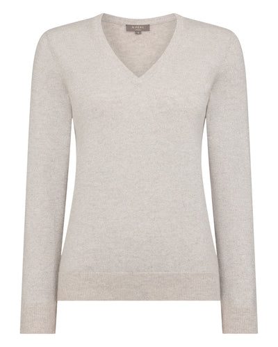 N.Peal Women's Phoebe V Neck Cashmere Jumper With Lurex Sand Brown Sparkle