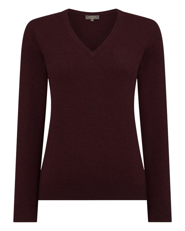 N.Peal Women's Phoebe V Neck Cashmere Jumper Claret Red