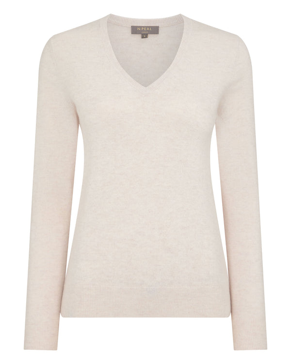 N.Peal Women's Phoebe V Neck Cashmere Jumper Frost White