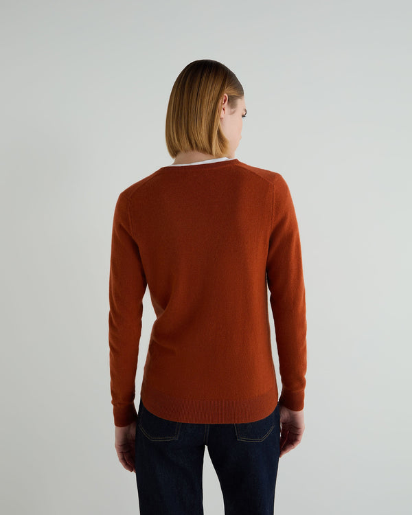 N.Peal Women's Phoebe V Neck Cashmere Jumper Rust Orange