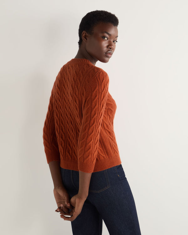 N.Peal Women's Emilia Cable Round Neck Cashmere Jumper Rust Orange