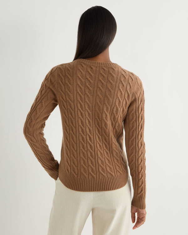 N.Peal Women's Frankie Cable V Neck Cashmere Jumper Dark Camel Brown