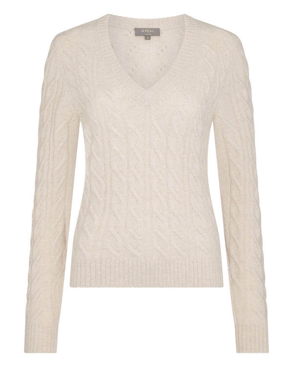 N.Peal Women's Frankie Cable V Neck Cashmere Jumper Ecru White