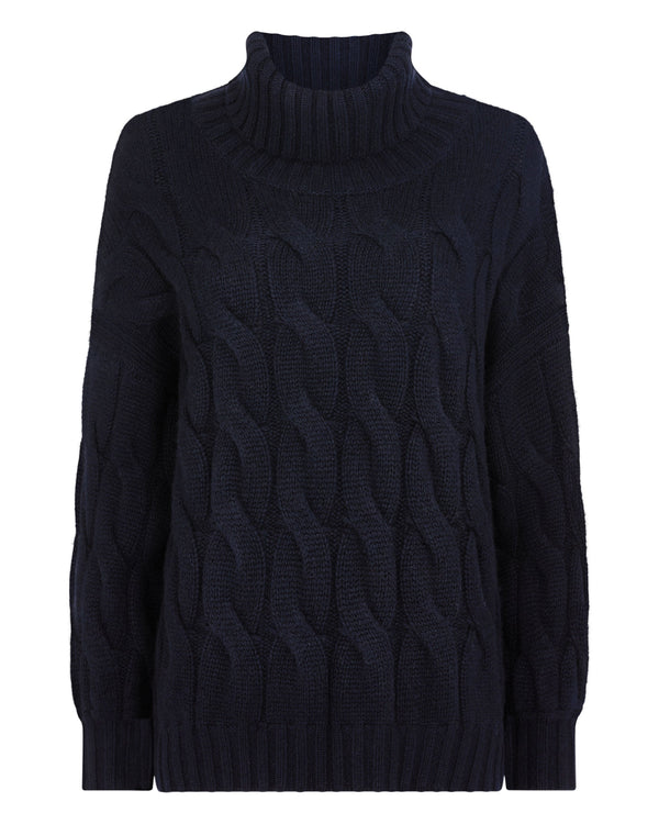 N.Peal Women's Hana Chunky Cable Roll Neck Cashmere Jumper Navy Blue