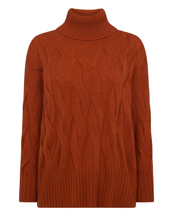 N.Peal Women's Emmie Relaxed Cable Roll Neck Cashmere Jumper Rust Orange