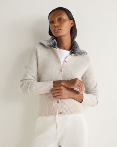 N.Peal Women's Herringbone Cashmere Cardigan Frost White