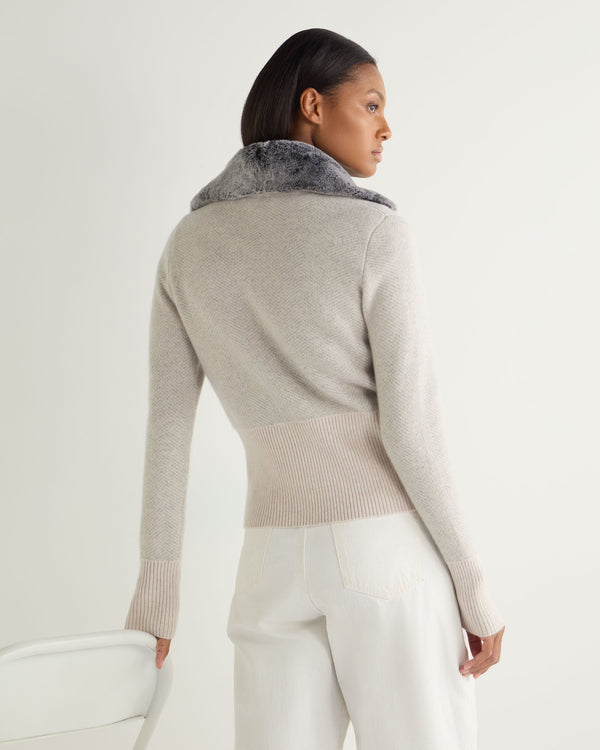 N.Peal Women's Herringbone Cashmere Cardigan Frost White