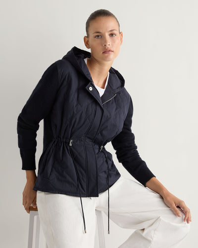 N.Peal Women's Quilted Woven Mix Cashmere Jacket Navy Blue