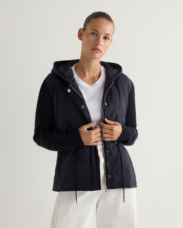 N.Peal Women's Quilted Woven Mix Cashmere Jacket Navy Blue