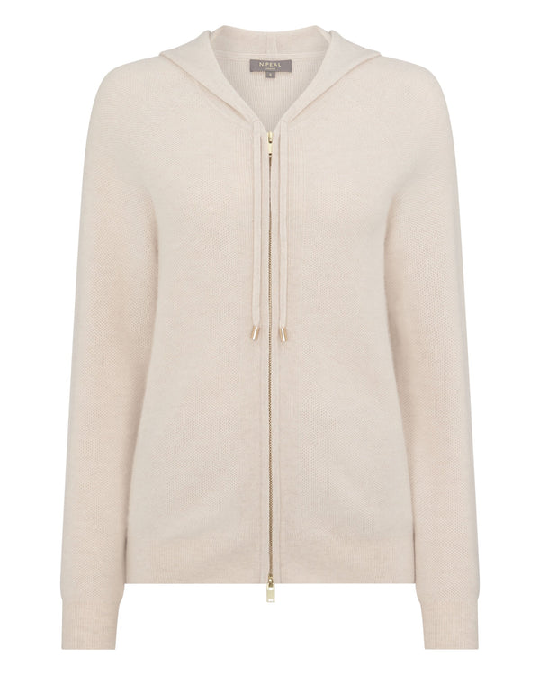 N.Peal Women's Honeycomb Knit Cashmere Hoodie Ecru White