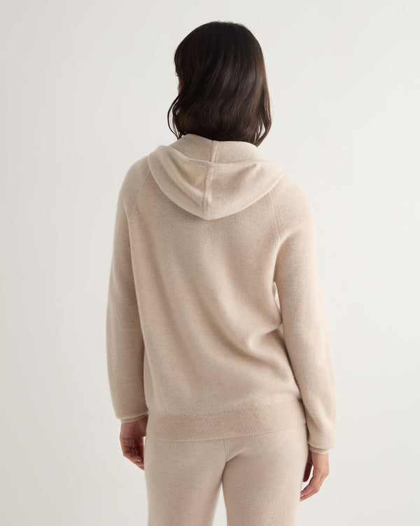 N.Peal Women's Honeycomb Knit Cashmere Hoodie Ecru White