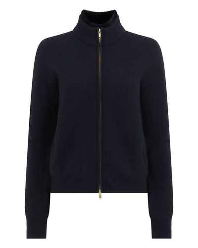 N.Peal Women's Honeycomb Full Zip Cashmere Jumper With Fur Trim Navy Blue