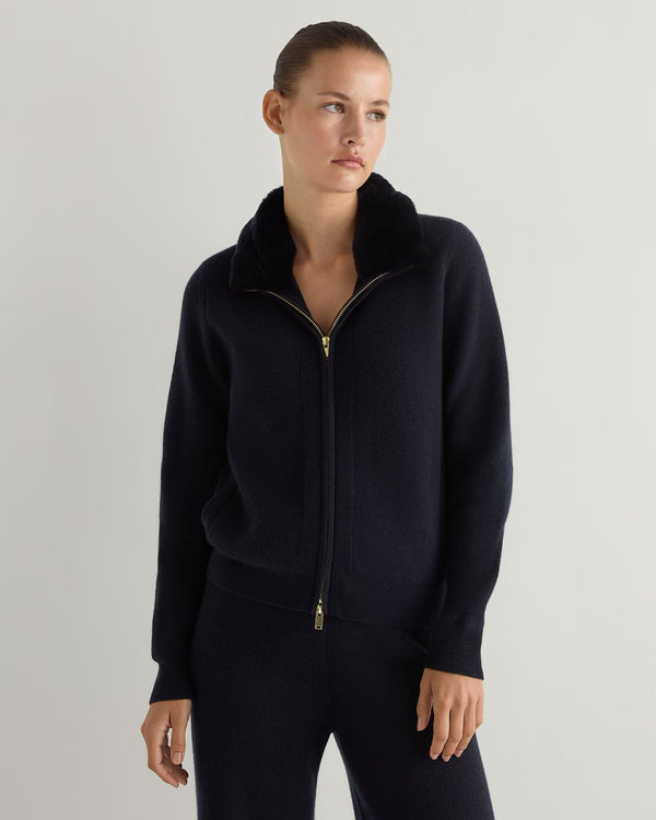 N.Peal Women's Honeycomb Full Zip Cashmere Jumper With Fur Trim Navy Blue