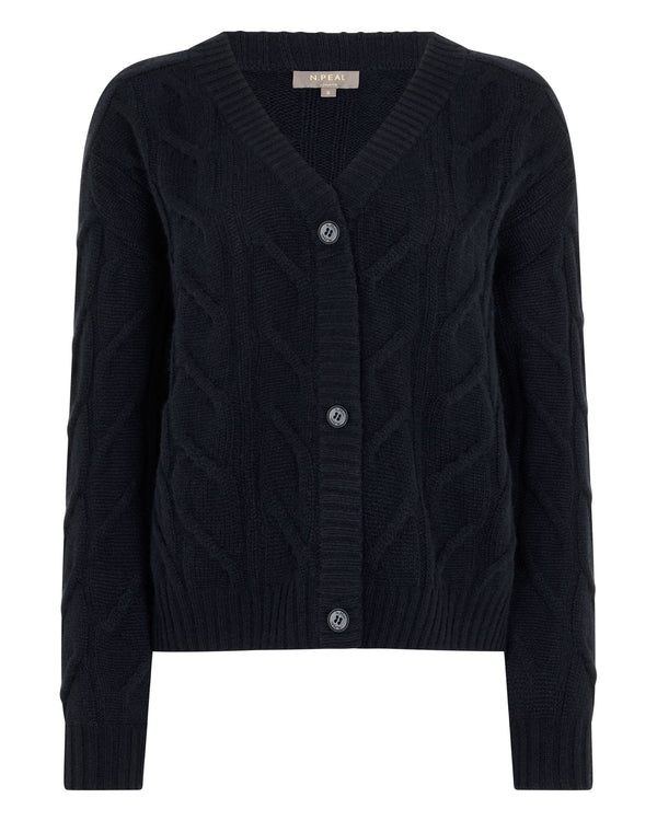 N.Peal Women's V Neck Cable Cashmere Cardigan Navy Blue