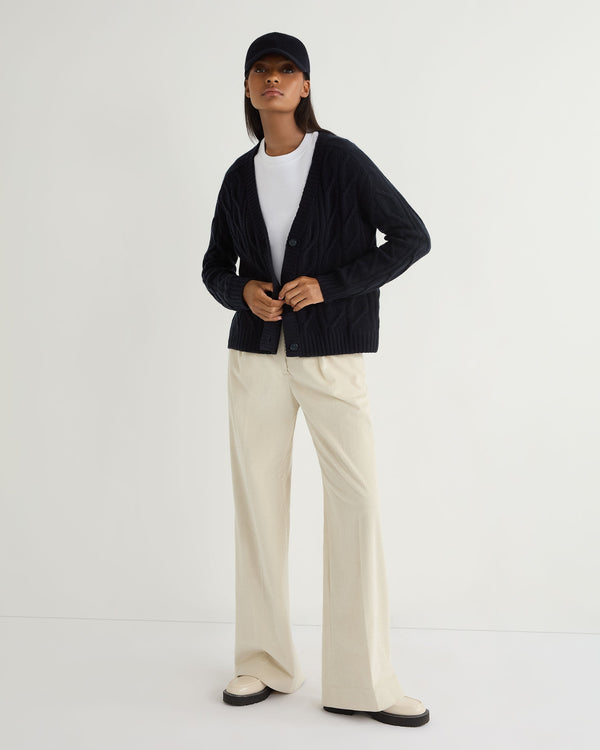 N.Peal Women's V Neck Cable Cashmere Cardigan Navy Blue