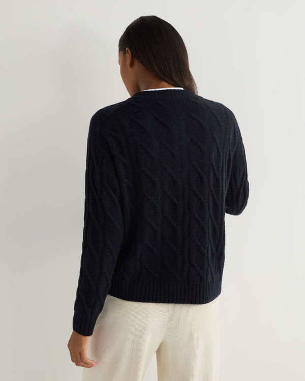 N.Peal Women's V Neck Cable Cashmere Cardigan Navy Blue