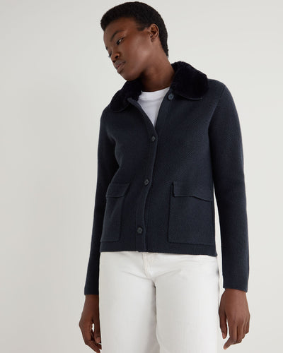 N.Peal Women's Herringbone Cashmere Jacket with Fur Trim Navy Blue