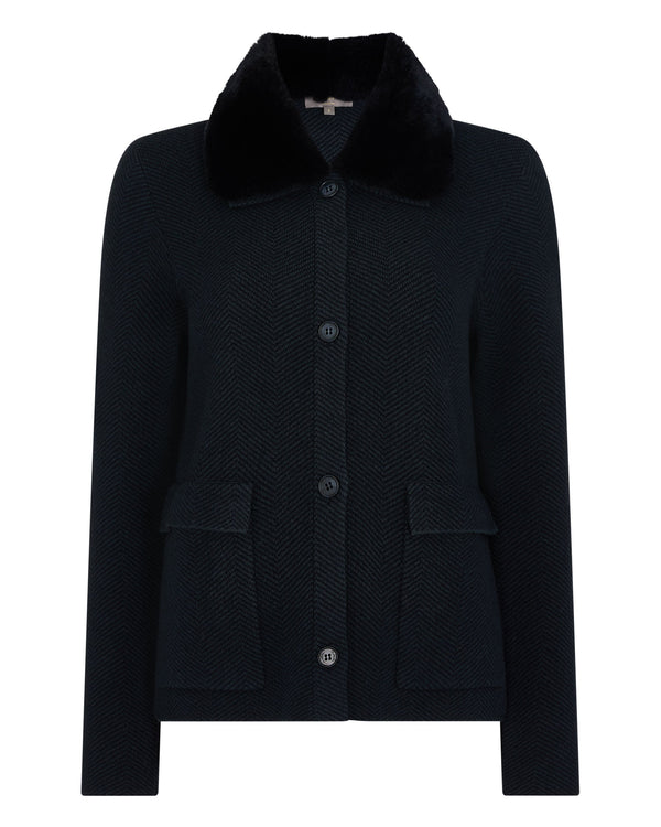 N.Peal Women's Herringbone Cashmere Jacket with Fur Trim Navy Blue