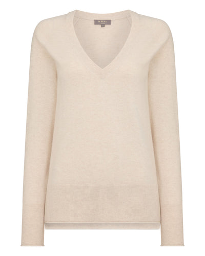 N.Peal Women's Relaxed V Neck Cashmere Jumper Ecru White