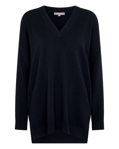 N.Peal Women's Longline V Neck Cashmere Jumper Navy Blue