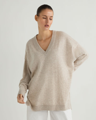 N.Peal Women's Longline V Neck Cashmere Jumper Sand Brown