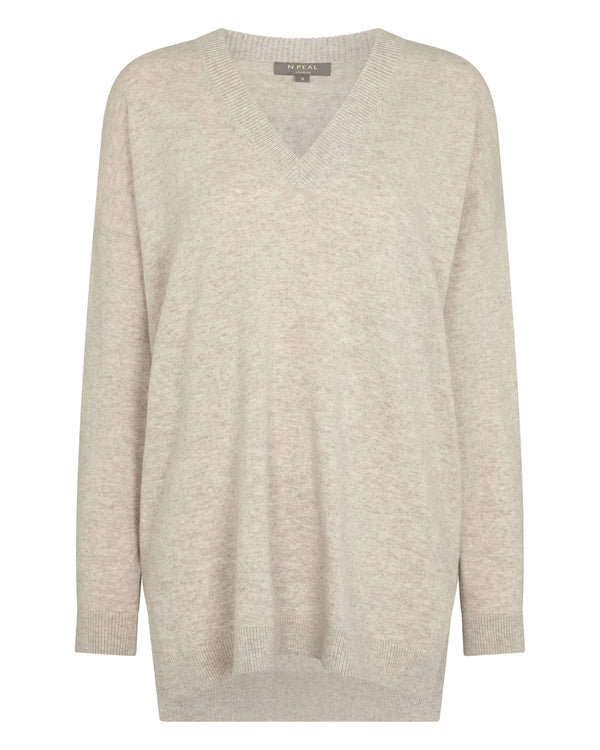 N.Peal Women's Longline V Neck Cashmere Jumper Sand Brown