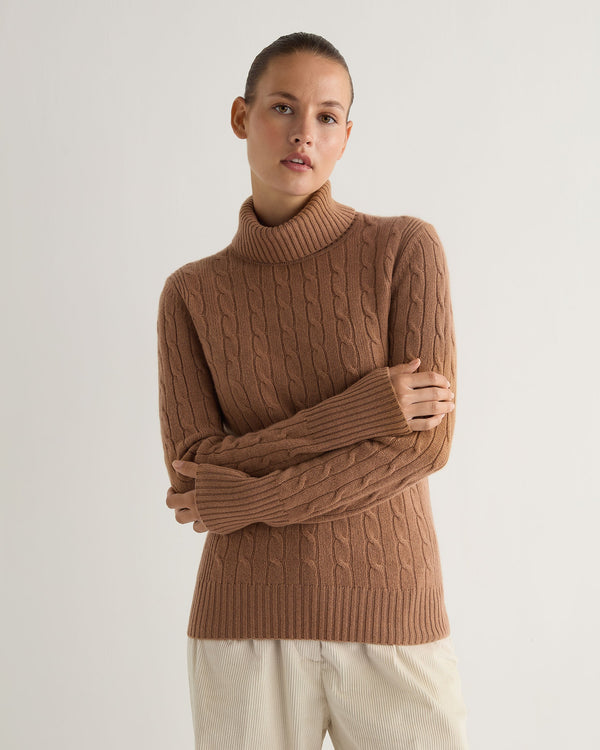 N.Peal Women's Adelyn Cable Roll Cashmere Jumper Dark Camel Brown