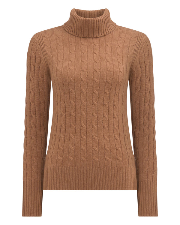 N.Peal Women's Adelyn Cable Roll Cashmere Jumper Dark Camel Brown