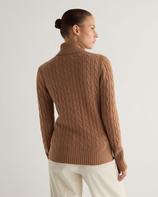 N.Peal Women's Adelyn Cable Roll Cashmere Jumper Dark Camel Brown