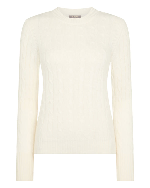 N.Peal Women's Adelyn Cable Round Neck Cashmere Jumper New Ivory White