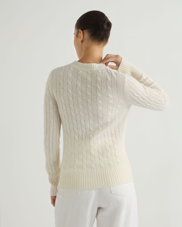 N.Peal Women's Adelyn Cable Round Neck Cashmere Jumper New Ivory White