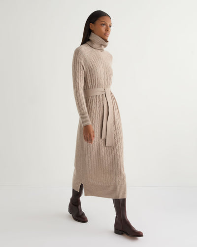 N.Peal Women's Longline Cable Cashmere Dress Oatmeal Brown