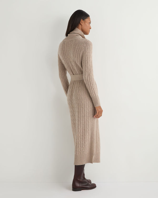 N.Peal Women's Longline Cable Cashmere Dress Oatmeal Brown