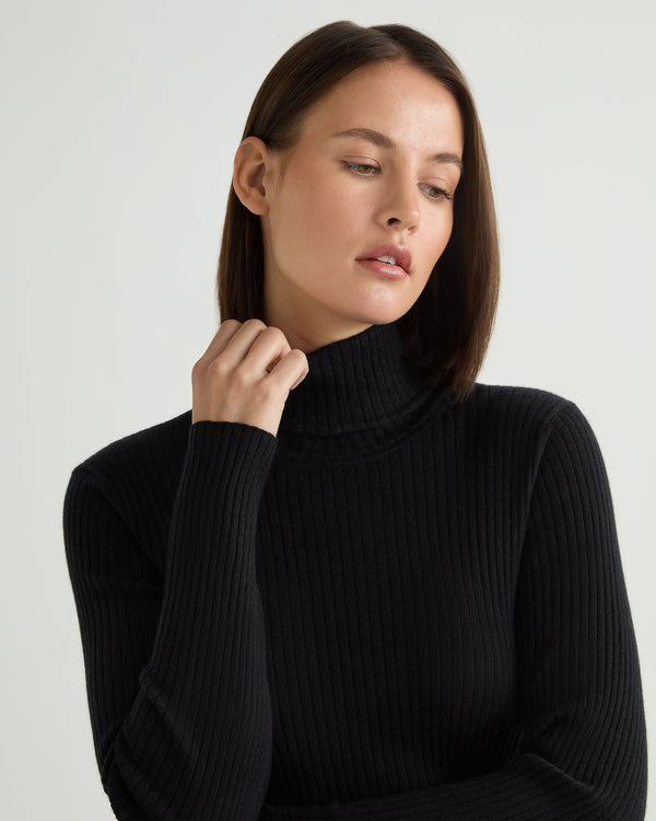 N.Peal Women's Superfine Cashmere Ribbed Roll Neck Jumper Black 