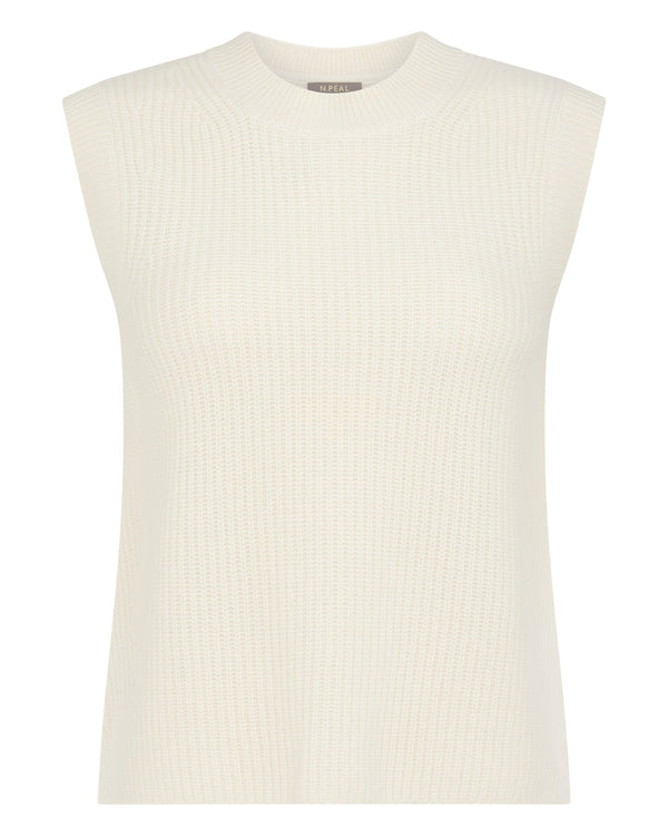 N.Peal Women's Rib Round Neck Cashmere Tank Top New Ivory White