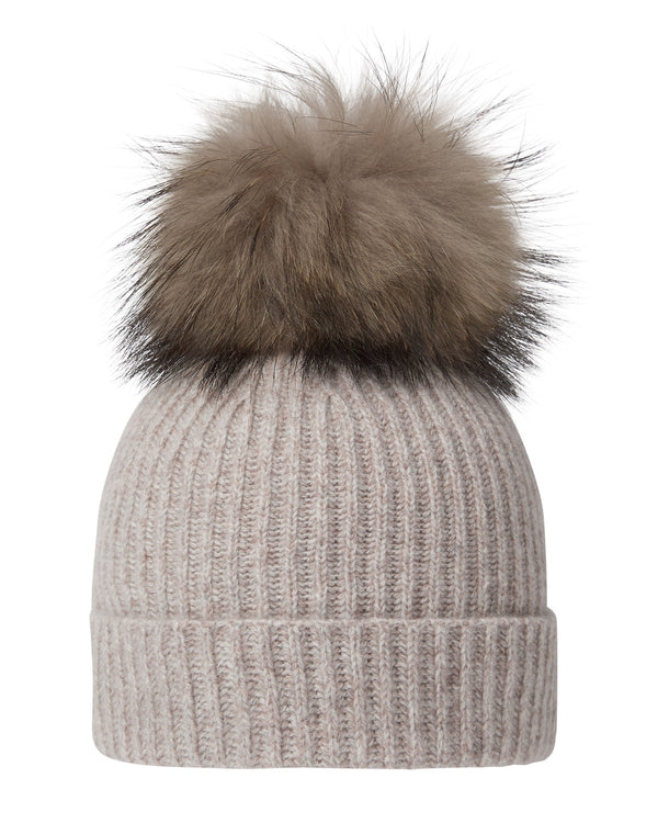 N.Peal Unisex Ribbed Cashmere Hat With Detachable Pom Basilica Beige Brown Marl