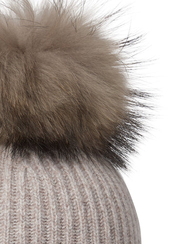 N.Peal Unisex Ribbed Cashmere Hat With Detachable Pom Basilica Beige Brown Marl