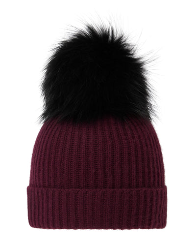N.Peal Unisex Ribbed Cashmere Hat With Detachable Pom Bordeaux Red