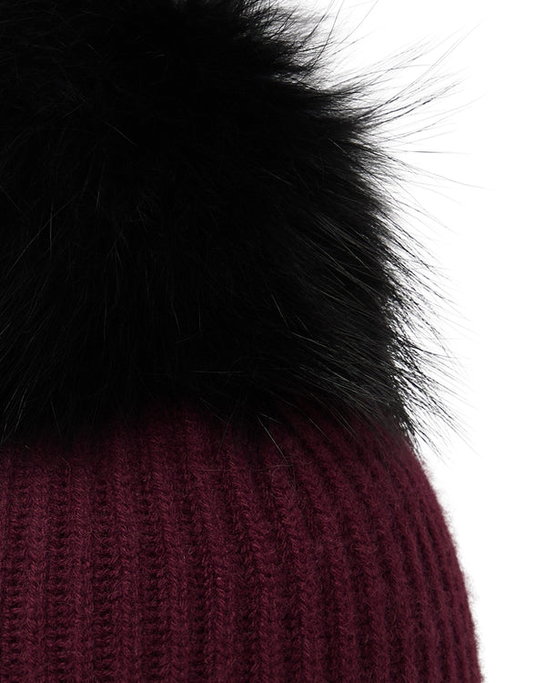 N.Peal Unisex Ribbed Cashmere Hat With Detachable Pom Bordeaux Red