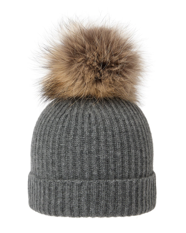 N.Peal Unisex Ribbed Cashmere Hat With Detachable Pom Elephant Grey