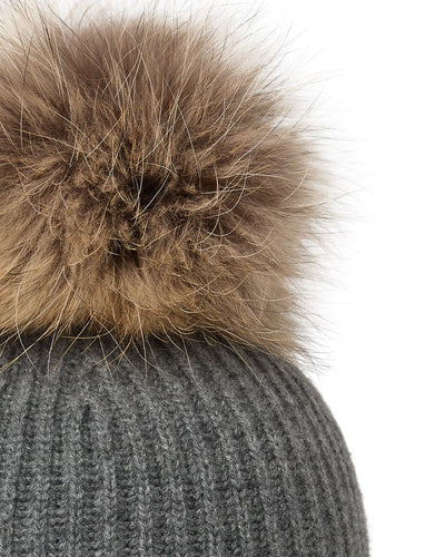 N.Peal Unisex Ribbed Cashmere Hat With Detachable Pom Elephant Grey