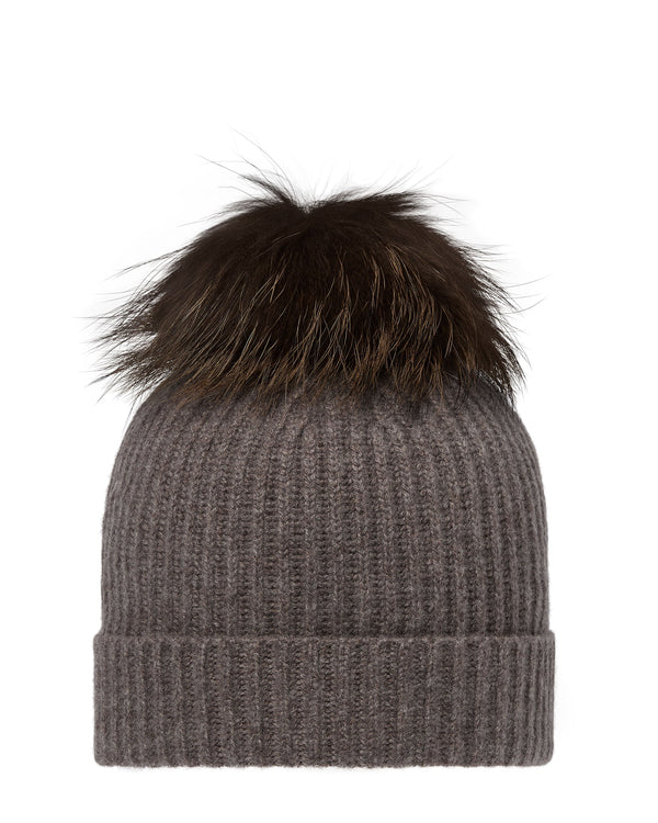 N.Peal Unisex Ribbed Cashmere Hat With Detachable Pom Otter Brown