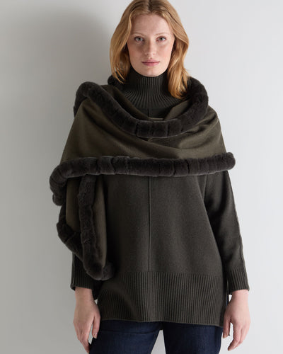 N.Peal Women's Meribel Woven Fur Trim Scarf Arabica Khaki Green