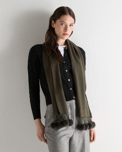 N.Peal Women's Davos Fur Bobble Cashmere Scarf Arabica Khaki Green