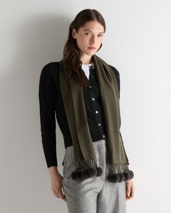 N.Peal Women's Davos Fur Bobble Cashmere Scarf Arabica Khaki Green