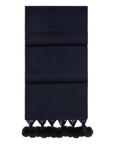 N.Peal Women's Davos Fur Bobble Cashmere Scarf Navy Blue